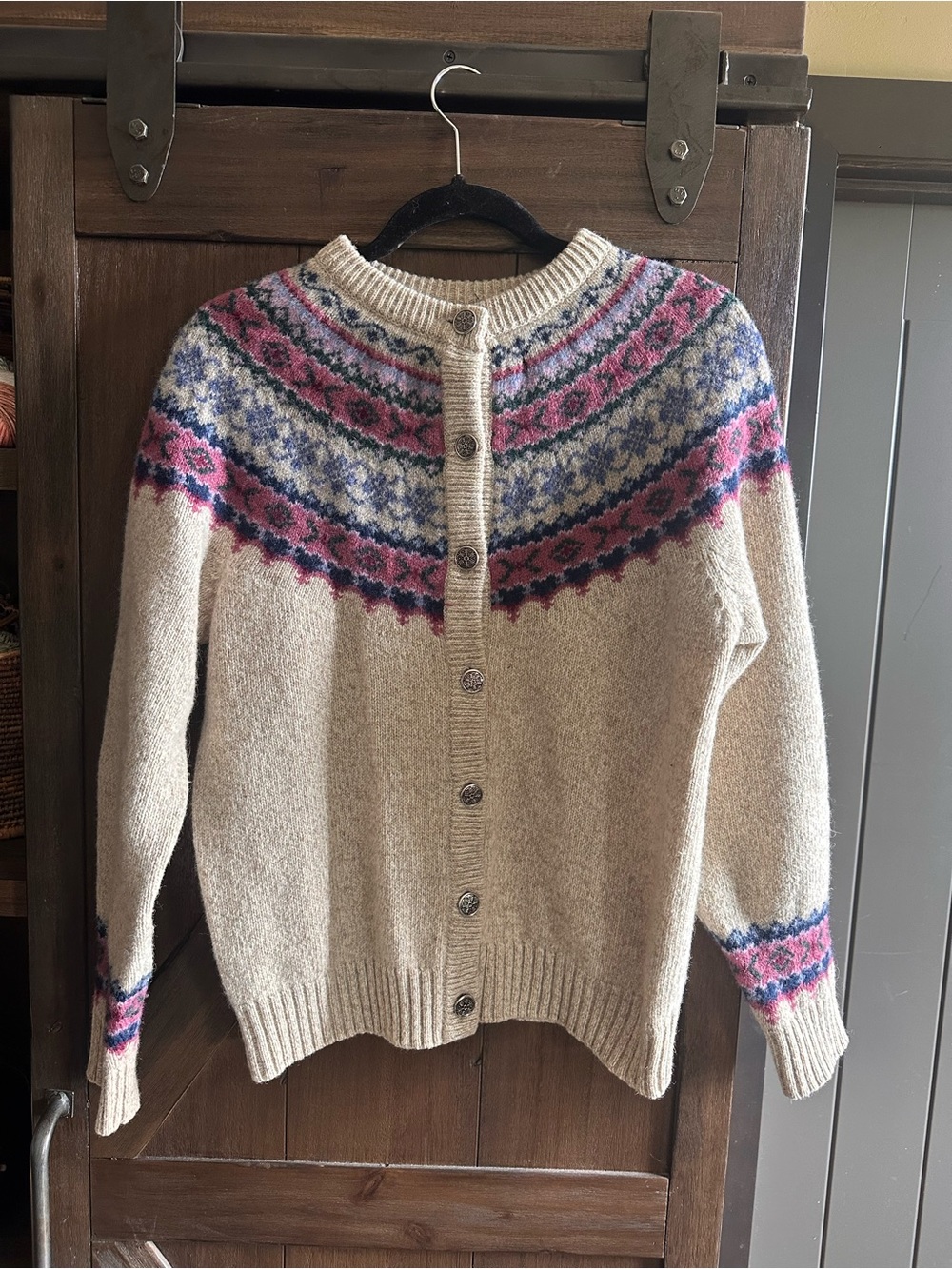 Eddie Bauer Cream Fair Isle Button-Front Cardigan snowflake buttons